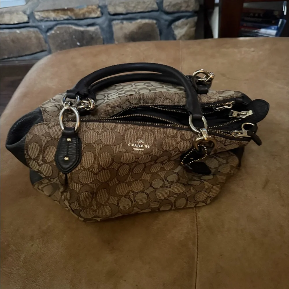 Coach Brown Signature Canvas Satchel with Black Trim